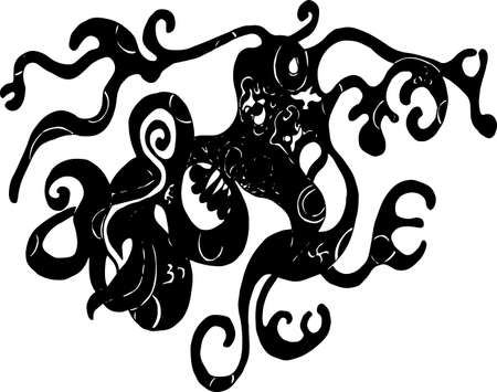 Black and white illustration of psychedelic octopus.のイラスト素材