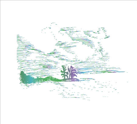 Illustration with a landscape. Island, trees, river, beautiful sky.のイラスト素材