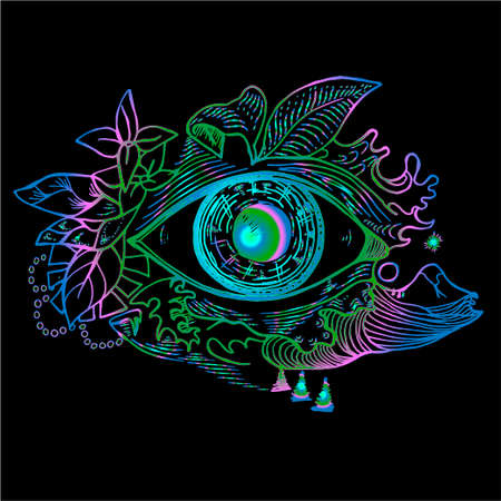 Color picture of an cosmic eye on a background of a landscape. Psychodynamic backgroundのイラスト素材