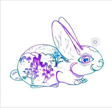 Color picture of hare with a large eye. Trees, mountains, entire world in him.のイラスト素材