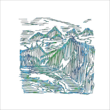 Neon illustration of mountains and far, floating in the mist of mountains and lakes, made by shading.のイラスト素材