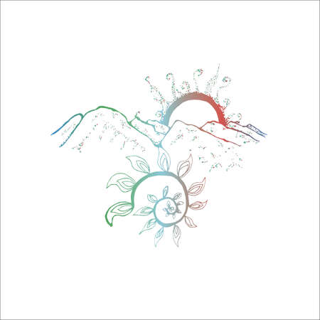 Neon illustration of the mountains, the sun, the branches of a plant in a pattern.のイラスト素材