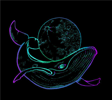 Color drawing of a whale and a moon. Dotwork style.のイラスト素材