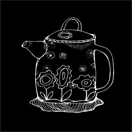 Black white illustration of a flower decorated teapot in the old style. Chalk on a blackboard.のイラスト素材