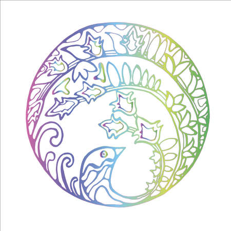 Neon illustration of a bird inscribed in a circle in vintage style. Bird and plant motifs. The idea for a tattoo.のイラスト素材