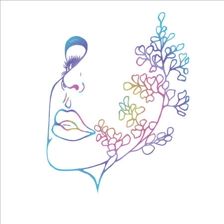 Neon illustration of a profile of a girl with double exposure, ginkgo biloba as an extension of her face. Abstraction.のイラスト素材