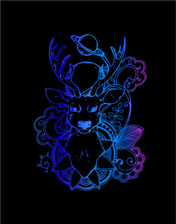 Gradient picture of a deer on a background of planets, mehendi patterns. Conscious gazeのイラスト素材