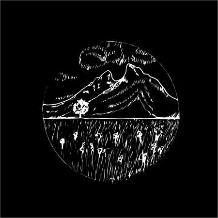 Illustration with a landscape - meadow, tree, mountains, beautiful sky.のイラスト素材