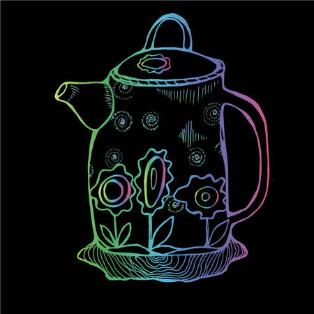 Neon illustration of a retro minimalist style teapot decorated with flowers.