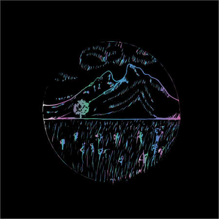 Illustration with a landscape - meadow, tree, mountains, beautiful sky.のイラスト素材