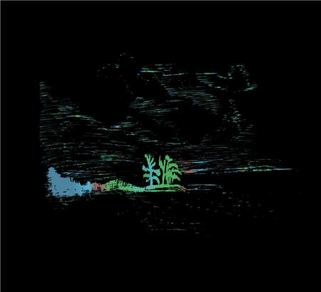 Illustration with a landscape. Island, trees, river, beautiful sky.のイラスト素材