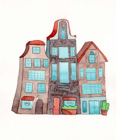 Watercolor houses fairytale broun brown tileの写真素材