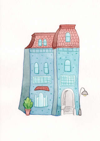 Watercolor houses fairytale broun blue tileの写真素材
