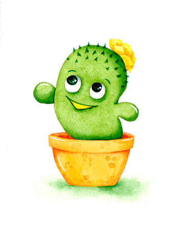 Cute cartoon cactus with eyes and flower in the pot on white backgroundの写真素材