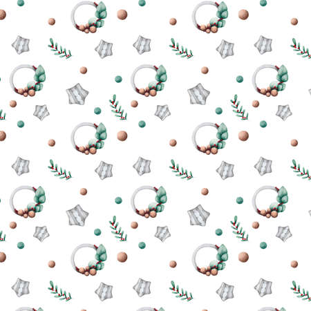 Seamless pattern with Christmas symbol , Christmas tree brunch, stars and balls on white background.の写真素材