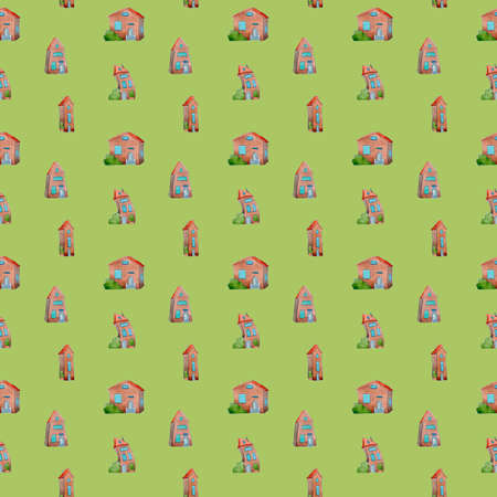 siamless pattern houses on green for kidsの写真素材