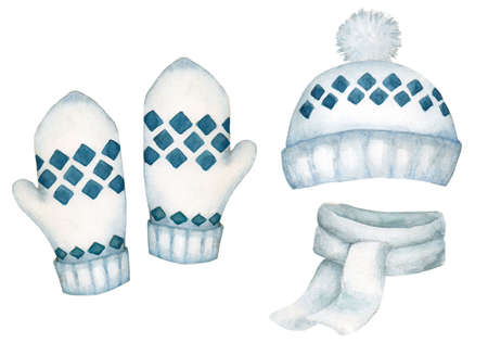 Winter clothes. Set of cap, scarf and mittens. Hand-drawn Illustration isolated on white backgroundの写真素材