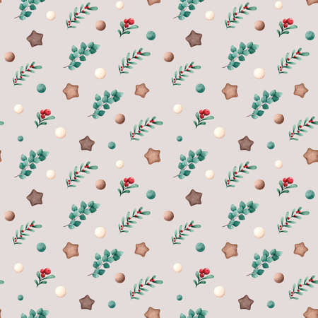 Seamless pattern with cute hand drawn brunches, berries and christmas toys. Green seasonal winter background illustration hand drawing seamles paternの写真素材