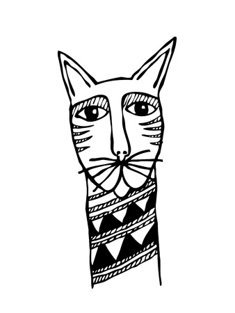Stylized cats head maori style black and white drawing  on white background vectorのイラスト素材