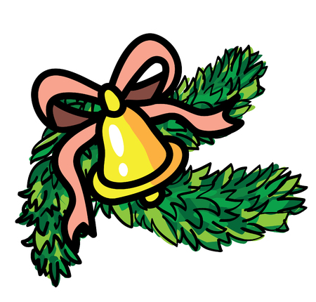 Christmas  bell with ribbon and evergreen or pine trees isolated vectorのイラスト素材