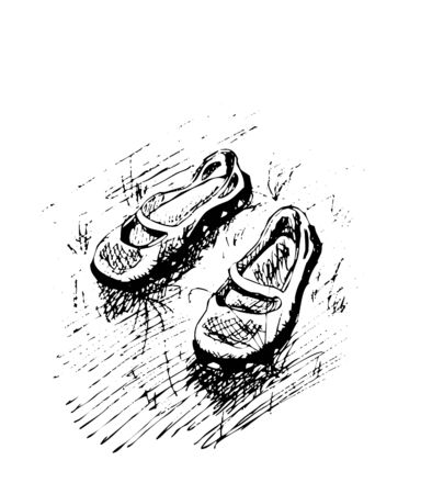 Hand-drawn illustration with sandals on grass black and whiteのイラスト素材