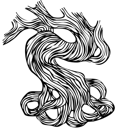 Abstract tree with a curling barrel brunch and roots.bonsai. handdrawnのイラスト素材