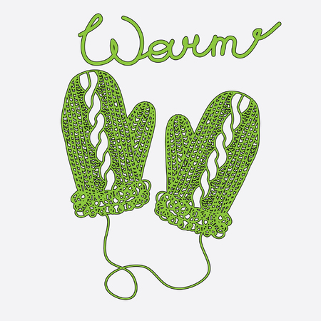 Pair of bright green winter knitted mittens with snowflakes, sketch style vector illustrations isolated on white background. Hand drawn woolen mittens with knitted snoflakes, winter accessoryのイラスト素材