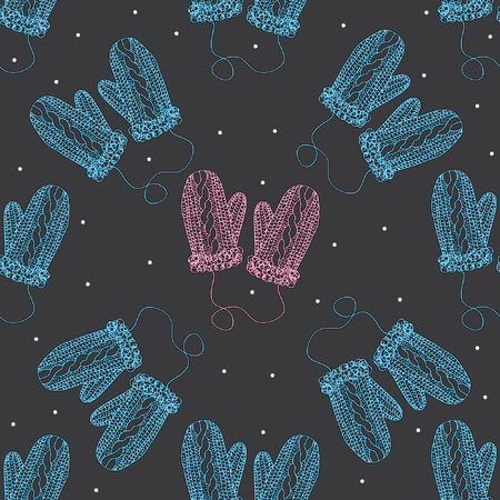 Colorful chalk painted seamless pattern with snowflakes, mittens. New Year theme. Card design. dark backgroundのイラスト素材