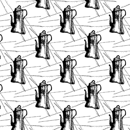 Seamless pattern of coffe pot or kettle. Hand drawn with ink. Vector illustration.のイラスト素材