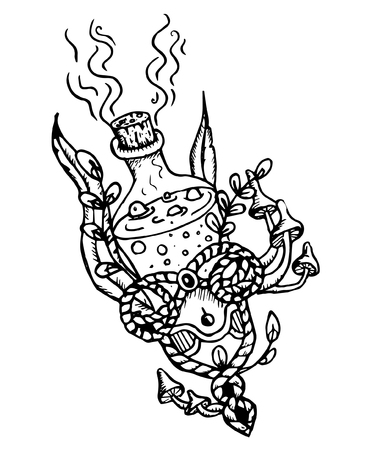 Magic purole potion in a bottle with mashrooms and plantsのイラスト素材