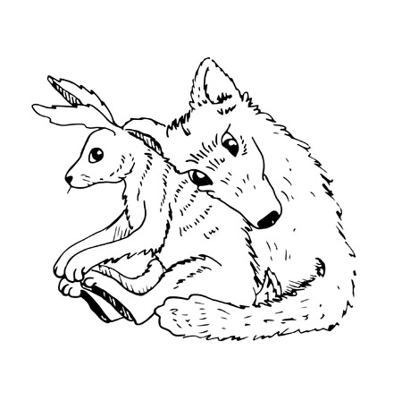 Cartoon valentine couple wolf hugs with a hare black and whiteのイラスト素材