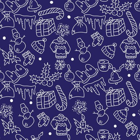 Christmas blue background hand drawn. white outlines on blueのイラスト素材