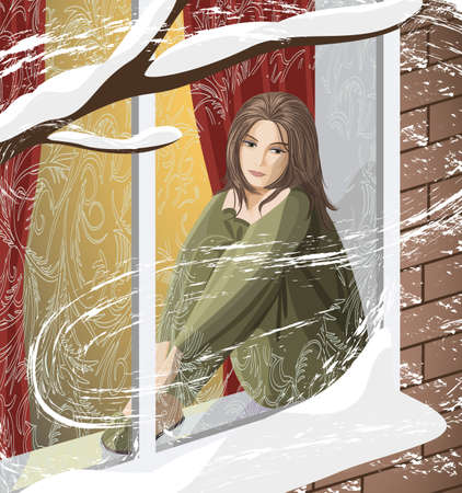 The sad young woman sitting on the windowsill looking at the snow-covered streetのイラスト素材