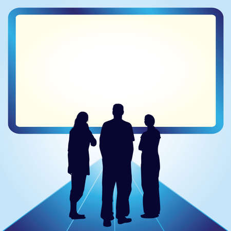 Silhouettes of two woman and one man in front of the screen with place for your textのイラスト素材