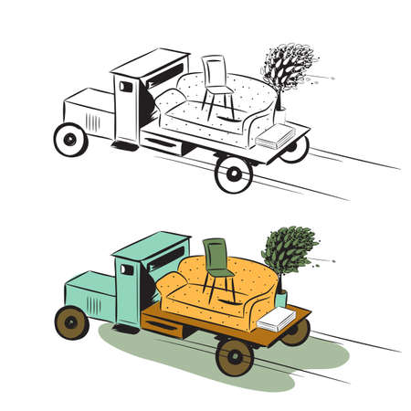 Truck with furniture, concept of moving  Colour image and sketchのイラスト素材