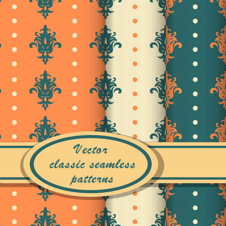 Set of vintage seamless patterns with classic ornate orange and blue colorsのイラスト素材