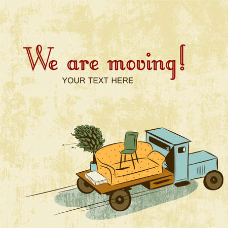 Truck with furniture, concept of moving or relocation  Retro designのイラスト素材