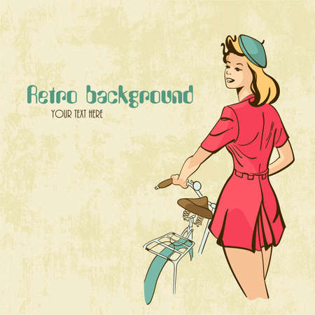  background young girl holding the bicycle  Retro styleのイラスト素材