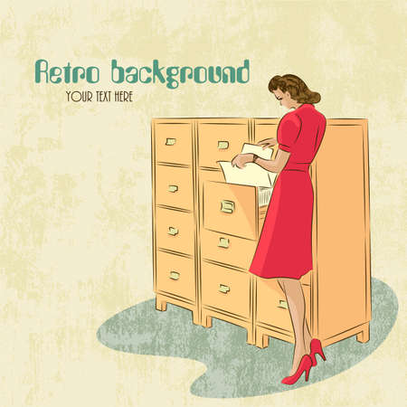 background with young secretary looking for documents in archives  Retro styleのイラスト素材