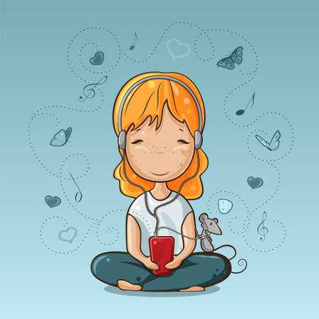 Little girl and mouse listening to music from smart phoneのイラスト素材