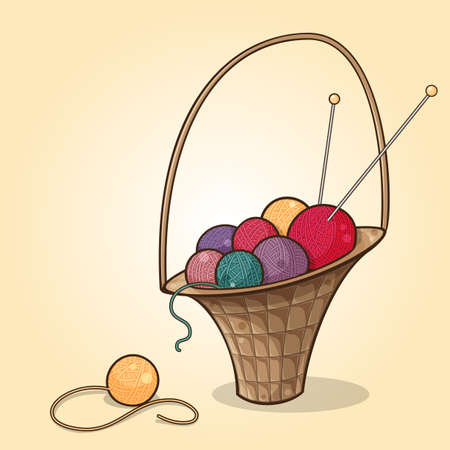Cartoon illustration of the basket with yarn balls of different colorsのイラスト素材