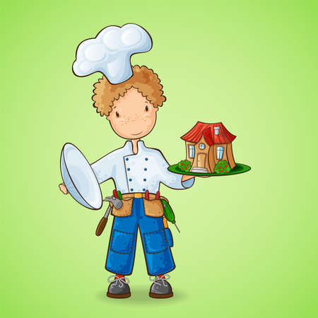 Humorous concept  builder as a chef holding a plate with a new houseのイラスト素材