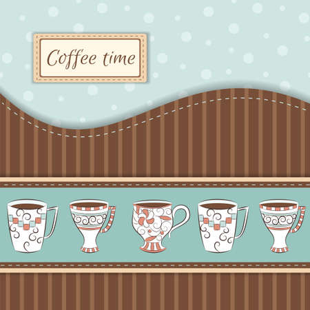 Retro greeting card with hand-drawn cups and place for textのイラスト素材