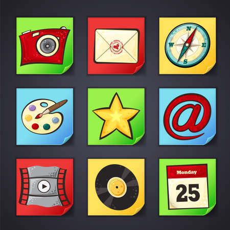 Set of app icons with cartoon illustrations on the paper backgroundのイラスト素材