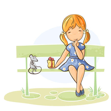 Girl sitting on a bench giving a gift to her mouseのイラスト素材