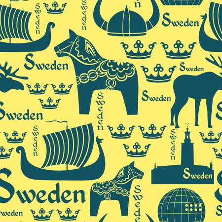  seamless pattern with national symbols of Sweden on the yellow backgroundのイラスト素材
