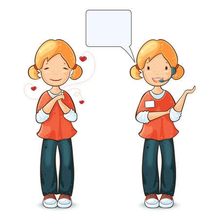 Girl speaking by headset with speech bubble and  girl in love のイラスト素材