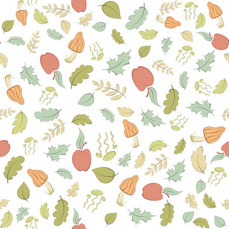 Vector seamless pattern with apples, mushrooms and leavesのイラスト素材
