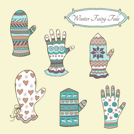set with hand-drawn mittens and gloves in vintage retro styleのイラスト素材
