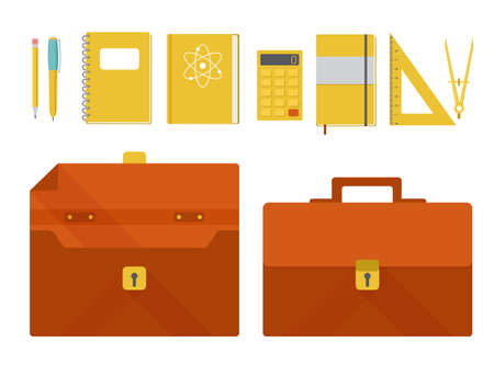 Set of vector illustrations of briefcase and school supplies flat designのイラスト素材